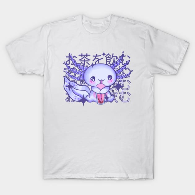 Kawaii Axolotl Drinking Bubble Tea T-Shirt by Bruno Pires